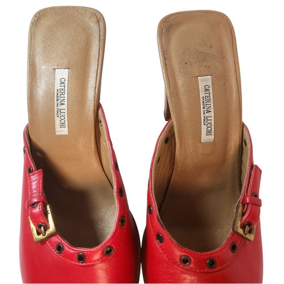 Caterina Lucchi Women's Red Leather Mules Buckle Detail Snip Toe Size 40 EU/9 US - Picture 11 of 14
